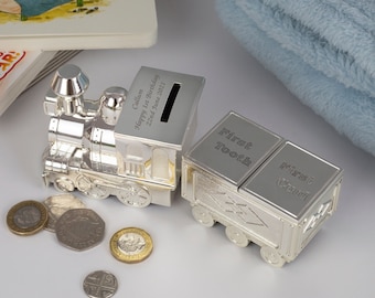 Personalised Train Money Box Tooth Curl Trinket Keepsake Gift For New Born Baby Christening Boys Girls Silver Any Message Engraved