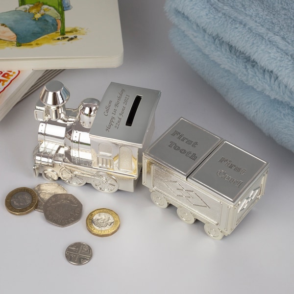 Personalised Train Money Box with Tooth & Curl Trinket Box Gifts Ideas For New Born Baby Babies Christening Boys Girls Keepsakes Silver