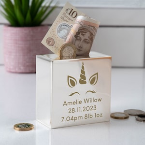 Personalised Unicorn Square Money Box Gifts Ideas For New Born Baby Babies Christening Boys Girls Keepsakes Silver Plated 1st Holy
