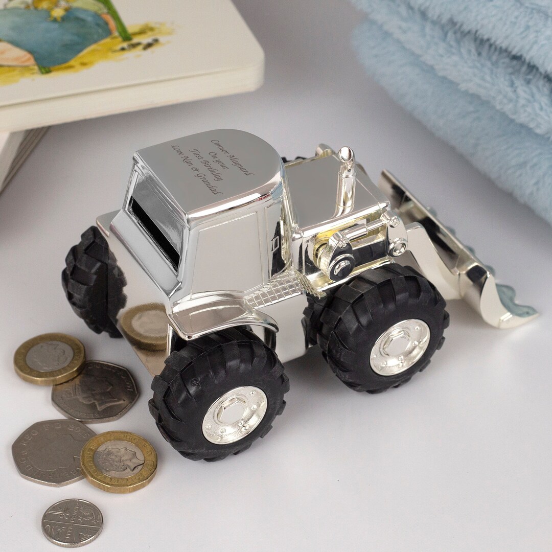 Personalised Silver Digger Truck Tractor Money Box for Boys Christening New Baby Gifts Ideas