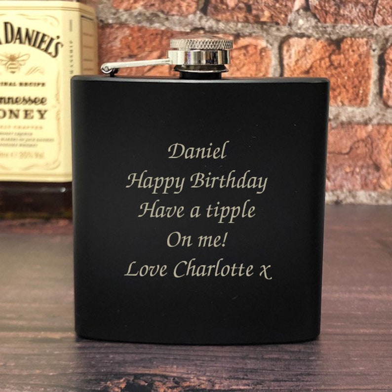 Personalised 6oz Black Hip Flask Gifts Ideas Presents For Birthday Message Christmas Mothers Fathers Day Him Her Mens Women/'s Wedding