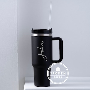 Personalised Large Name Engraved 40oz Double Wall Insulated Cup Travel Bottle Rubber Handles Hot Cold Mug With Straw Stanley Style Black