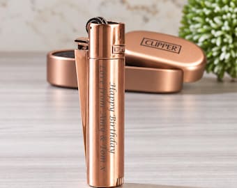 Personalised Rose Gold Clipper Lighter, Engraved Message, Gift Tin