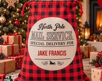 Personalised Santa Sack, Red Buffalo Check, Any Name, Large 75x45cm