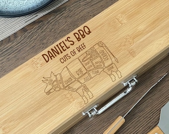 Personalised Cuts Of Beef Wooden BBQ Tool Set Gifts Meat Cow Ideas For Barbecue Fathers Day Birthday Christmas Tools Fork Tongs Spatula