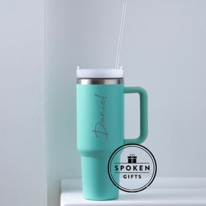 Gobelet isotherme double paroi 40 oz personnalisé grand nom gravé avec poignées en caoutchouc Mug chaud/froid avec paille style Stanley Aqua Green