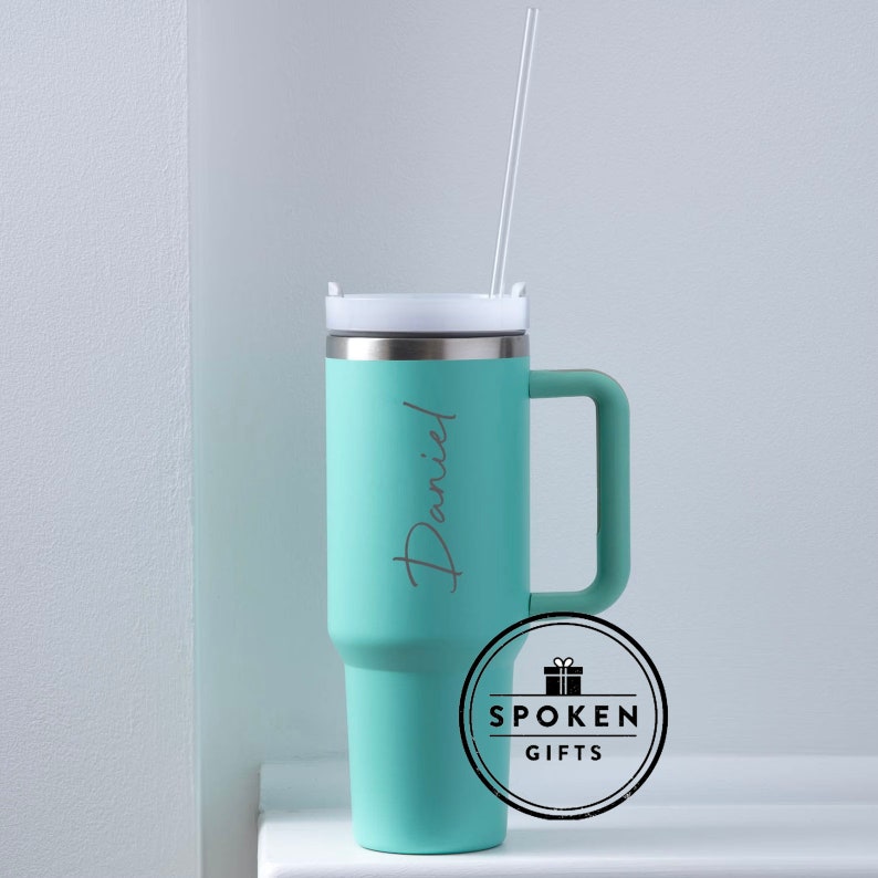 Personalised Large Name Engraved 40oz Double Wall Insulated Cup Travel Bottle Rubber Handles Hot Cold Mug With Straw Stanley Style Aqua Green
