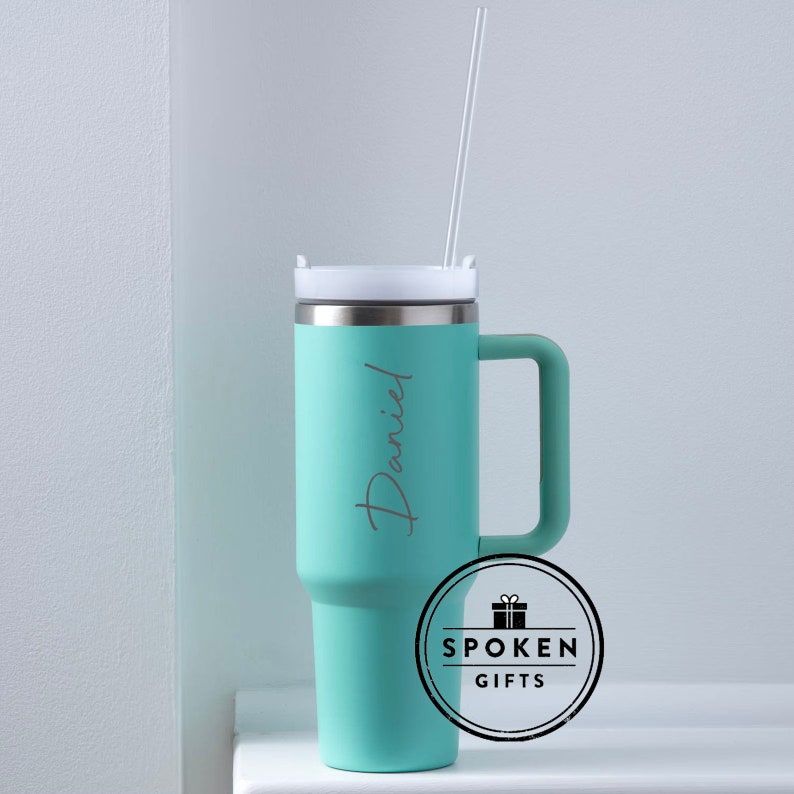 Gobelet isotherme double paroi 40 oz personnalisé grand nom gravé avec poignées en caoutchouc Mug chaud/froid avec paille style Stanley Aqua Green