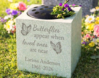 Personalised Butterfly Memorial Flower Vase, Engraved Name & Dates, Outdoor