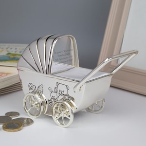 Personalised Silver Baby Pram Piggy Money Box For Boys Christening New Baby Gifts Ideas Boxes Girls Presents Born Babies Keepsakes
