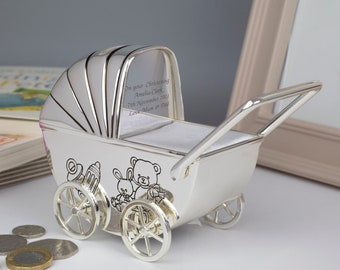 Personnalisé Silver Baby Pram Piggy Money Box For Boys Baptême new baby gifts ideas boxes girls presents born babies keepsakes