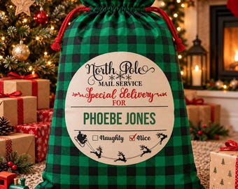 Personalised Santa Sack, Green Buffalo Check, Any Name, 75x45cm