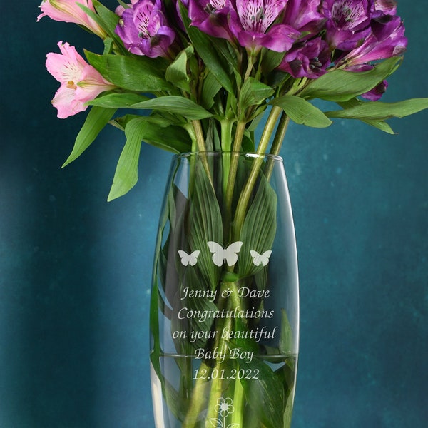 Personalised Butterflies and Flower Glass Bullet Vase Vases 26cm Gifts Ideas For Her Womens Flowers Mum Mothers Day Birthday Christmas