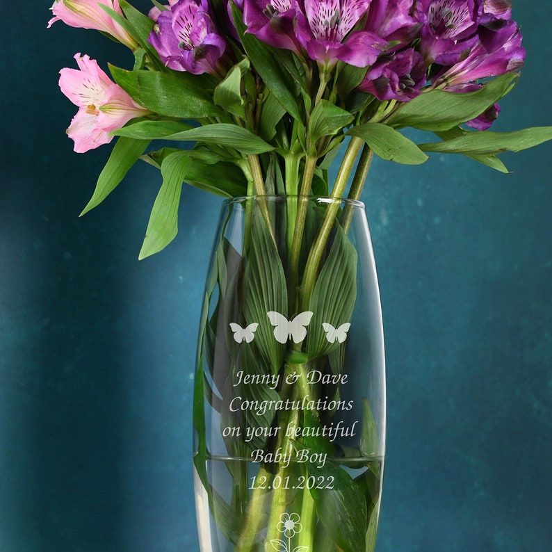 Personalised Butterflies and Flower Glass Bullet Vase Vases 26cm Gifts Ideas For Her Womens Flowers Mum Mothers Day Birthday Christmas image 1