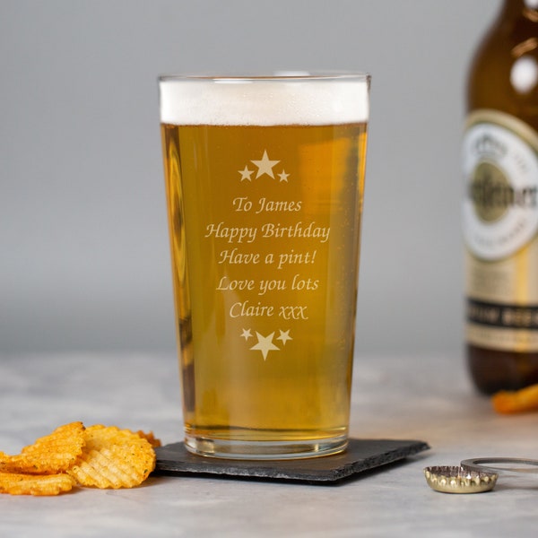 Personalised Stars Pint Beer Glasses For Him Birthday Gifts Ideas 18th 21st 30th 40th Christmas Mothers Fathers Day Valentines Any Message