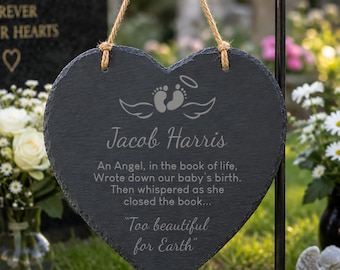 Personalised Baby Memorial Slate Heart, Angel Footprints, Engraved Name