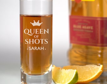 Personalised Queen Of Shots Shot Glass Glasses Gifts Ideas Presents For Weddings Birthdays Christmas Womens Mum Daughter Sister Girls Royal