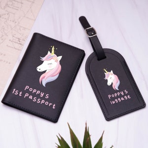 Personalisierte Einhorn Passhalter & Gepäckanhänger Set Geschenke Ideen für Urlaubsreisen Reisen Mädchen Sommer Kinder 1st Zuerst