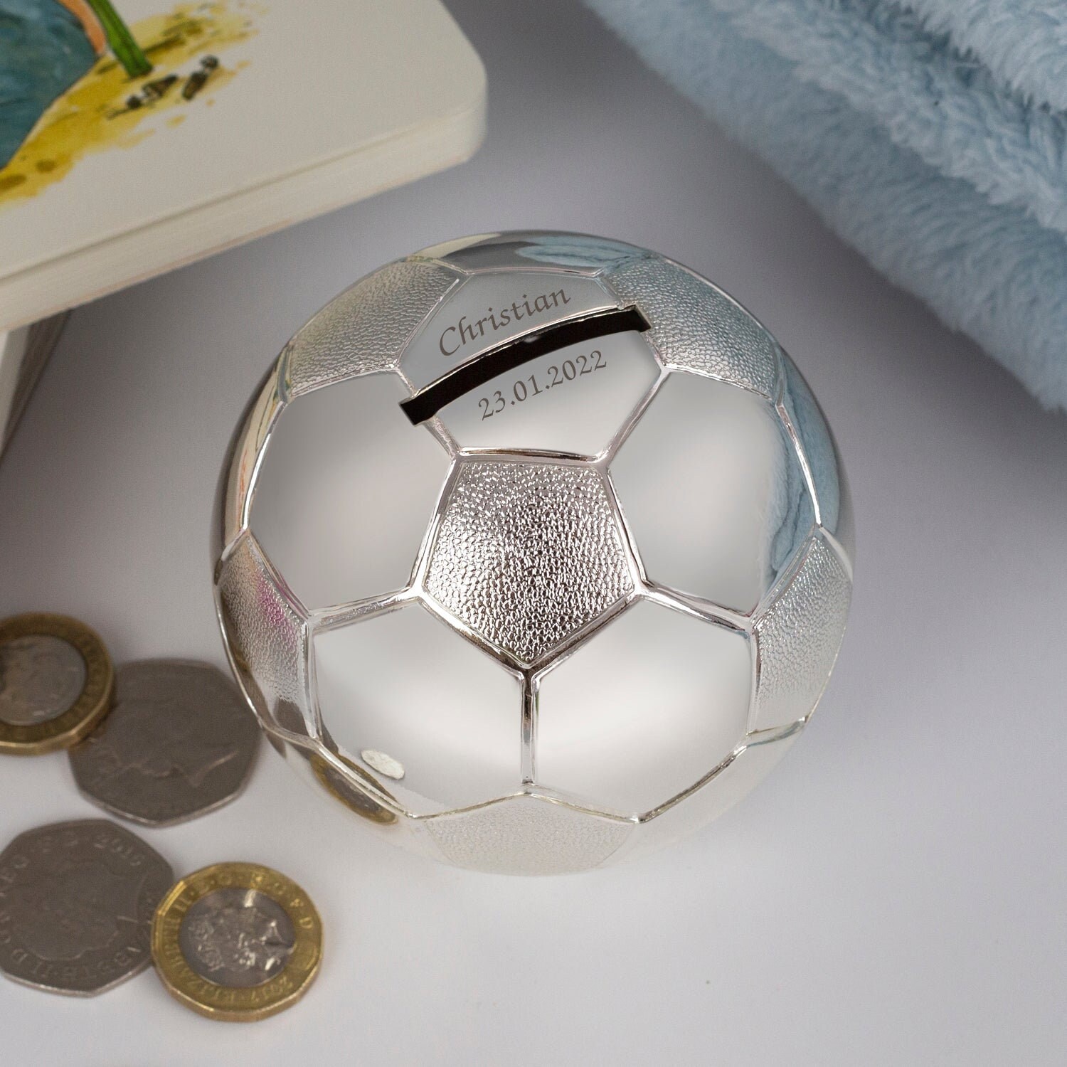 Personalised Silver Football Foot Ball Piggy Money Box For Boys Christening New Baby Gifts Ideas Boxes Girls Presents Born Babies Keepsakes