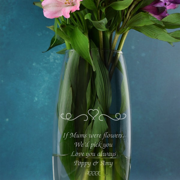 Personnalisé Coeur & Tourbillons Verre Bullet Vase Vases 26cm Idées Cadeaux Pour Ses Femmes Fleurs Maman Fête des Mères Anniversaire Noël