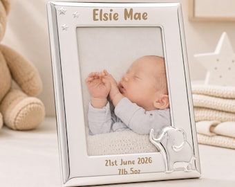 Personalised New Baby Photo Frame, Silver Elephant Motif, 4x6 Photo