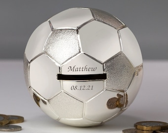 Personalised Silver Football Foot Ball Piggy Money Box For Boys Christening New Baby Gifts Ideas Boxes Girls Presents Born Babies Keepsakes