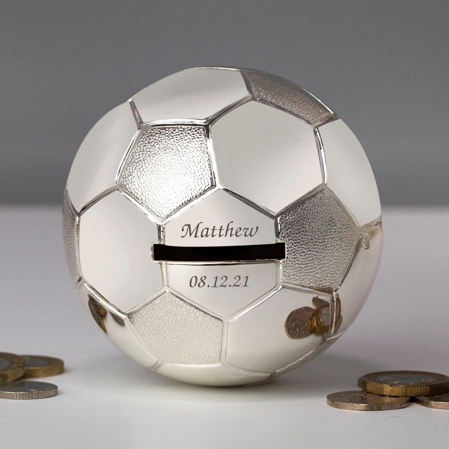 Personalised Silver Football Foot Ball Piggy Money Box For Boys Christening New Baby Gifts Ideas Boxes Girls Presents Born Babies Keepsakes