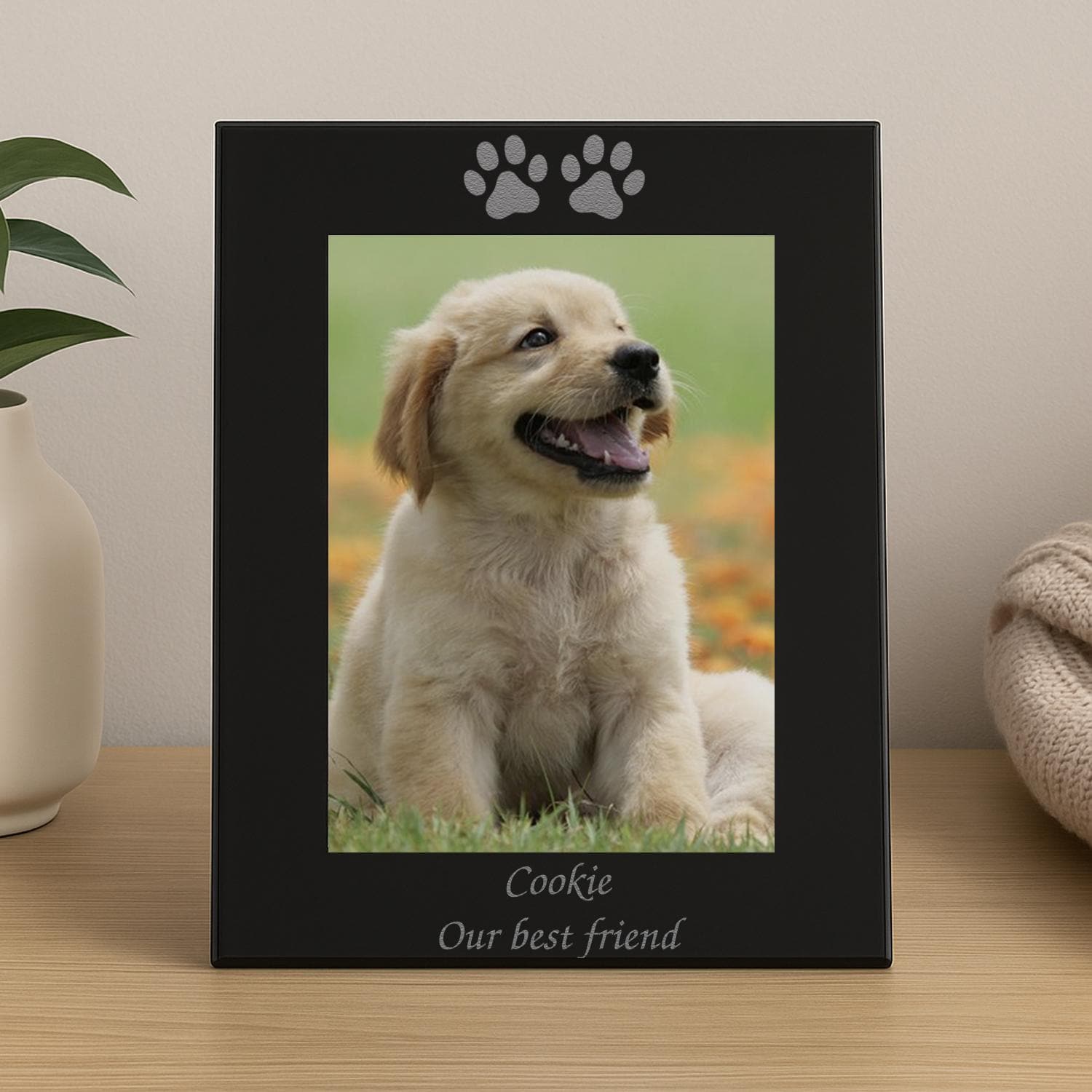 Personalised Black Glass Paw Prints Photo Frame Engraved Dog Cat Pet ...