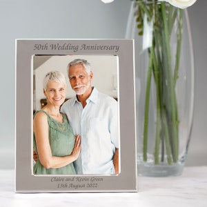 Personlig 50-års bröllopsdag i silver, fotoram, present till par, mamma pappa, graverat valfritt meddelande, minnessak för 50 år gift