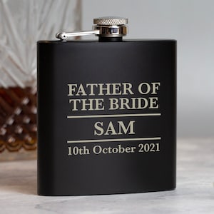 Personalizado 6oz negro padre de la novia boda hip flask grabado gift box hombres para la señora día especial gracias regalos ideas favores hombres