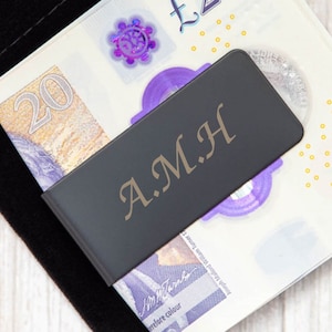 Initiales personnalisées Black Mens Papa Lui Argent Plaqué Money Clip Cadeaux Idée Pour Notes Dollars Chèques Euros Livres Sterling Bills