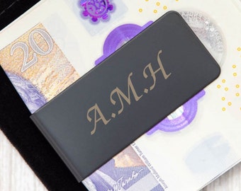 Personalised Initials Black Mens Dad Him Silver Plated Money Clip Gifts Idea For Notes Dollars Cheques Euros Pounds Sterling Bills