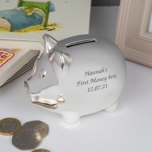 Personalised Silver Pig Piggy Money Box For Boys Christening New Baby Gifts Ideas Boxes Girls Presents Born Babies Keepsakes 画像 2