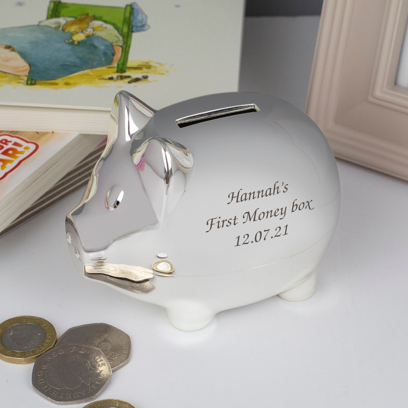 Personalised Silver Pig Piggy Money Box For Boys Christening New Baby Gifts Ideas Boxes Girls Presents Born Babies Keepsakes 画像 2