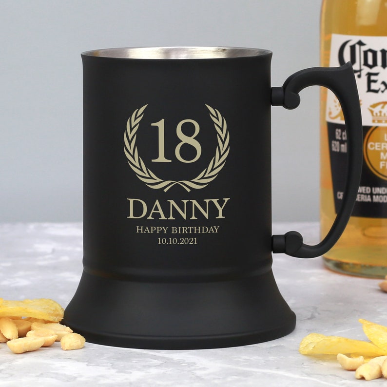 Personalised Birthday Matt Black Stainless Steel Tankards Gifts Ideas For 18th 21st 30th 40th 50th Mens Dad Him Uncle Son Brother Age image 1