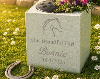 Personalised Horse Memorial Flower Vase, Horse Head, Engraved Name & Dates