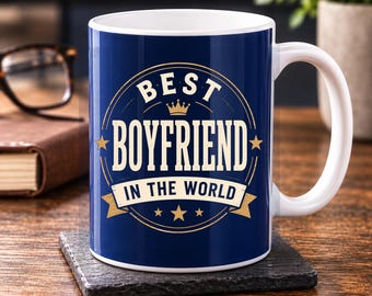 Personalised Best Boyfriend Mug, Vintage Crest, Custom Message, 11oz Ceramic