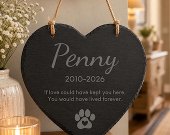 Personalised Pet Memorial Slate Heart, Paw & Heart, Engraved Name and Dates