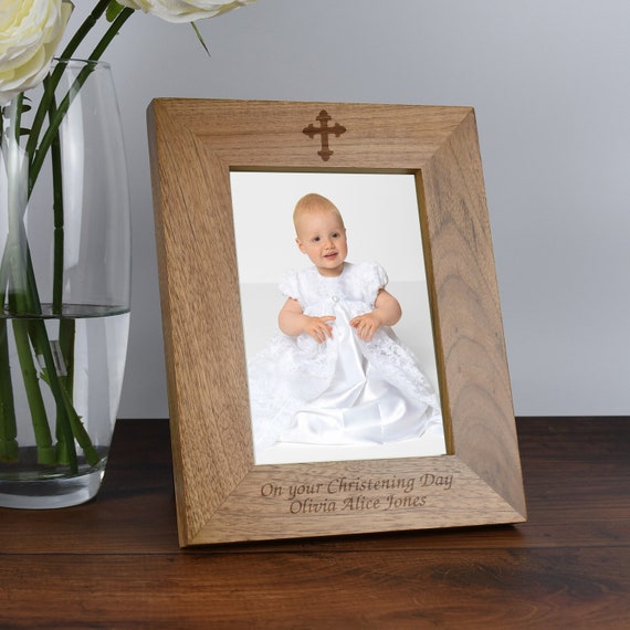 White Wooden Cross Baptism Picture Frame - 3.5x5" First Communion Gift For Boys & Girls, Solid Wood