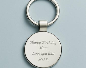 Llavero redondo de plata personalizado con grabado láser de cualquier mensaje. Regalo ideal para ella, él, cumpleaños, Navidad o San Valentín.