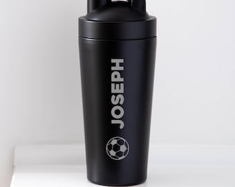 Botella mezcladora de proteínas personalizada con nombre de fútbol, ideas de regalo para amantes del gimnasio, entrenamiento, agua - Incluye bola mezcladora de metal para mezclar