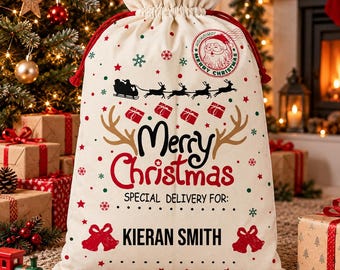 Personalised Merry Christmas Santa Sack, Natural Cotton, 75x45cm