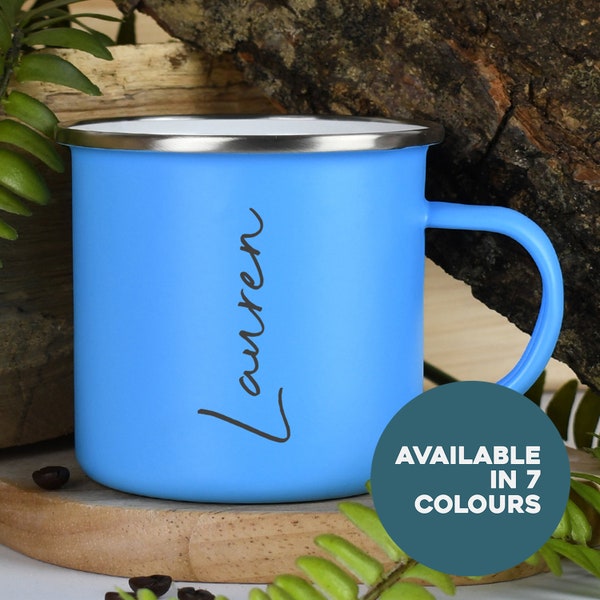 Personalised Name Enamel Camping Mug Gifts Ideas For Campervan Camper Van Picnic Metal Insulating Hot Cold Outside Outdoors Festival