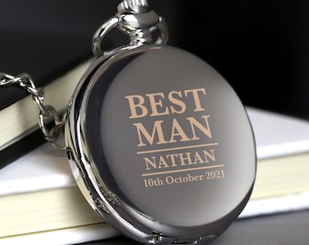 Personalised Best Man Silver Pocket Fob Watch Engraved Any Name Date Wedding Favour Thank You Gift For Him Chrome Plated Keepsake