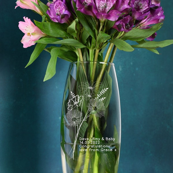 Personalised Bunch of Flowers Glass Bullet Vase Vases 26cm Gifts Ideas For Her Womens Flowers Birthday Love Valentines Day Anniversary