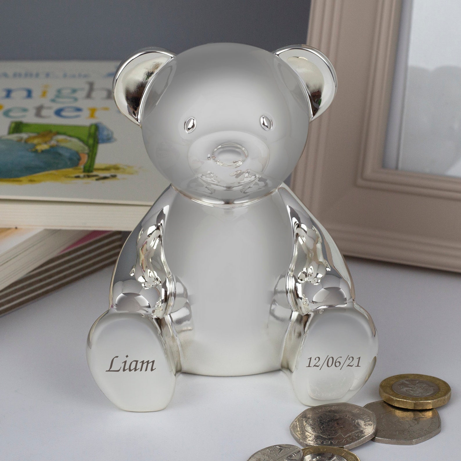 Personalised Silver Teddy Bear Money Box for Boys Christening Etsy