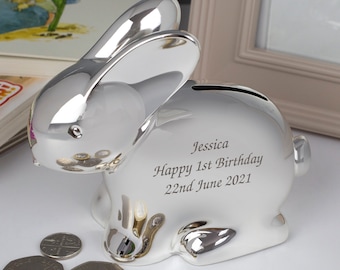 Personalised Silver Rabbit Piggy Money Box For Boys Girls Christening New Baby Gifts Ideas Boxes Girls Presents Born Babies Keepsakes