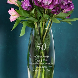 Personalised 50 Years Bullet Vase Gifts Ideas For Golden Wedding Anniversary Couple Mum And Dad & 50th Birthday image 1