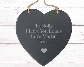 Personalised Hanging Slate Heart Engraved Couples Names Message Wedding Anniversary Engagement Gift For House Garden Plaque Sign Keepsake
