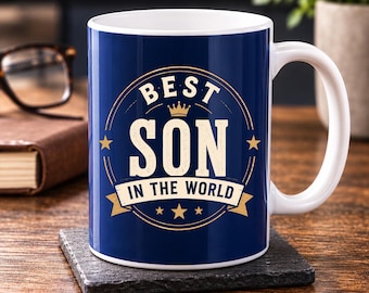 Personalised Best Son Mug, Vintage Crest, Custom Message, 11oz Ceramic